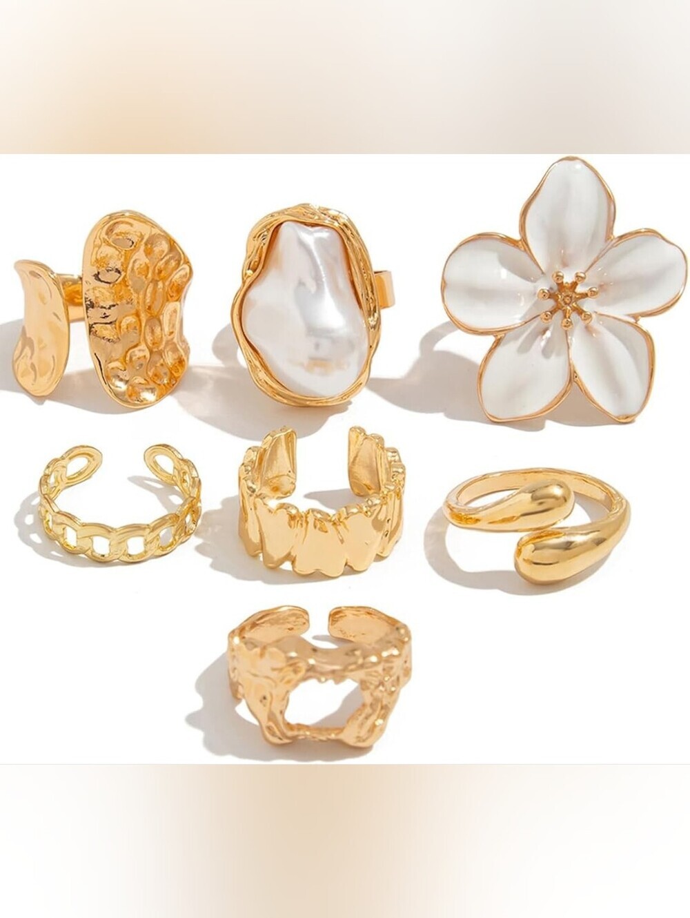 Chunky Statement Gold Rings Set Vintage Stackable Flower Baroque Pearl